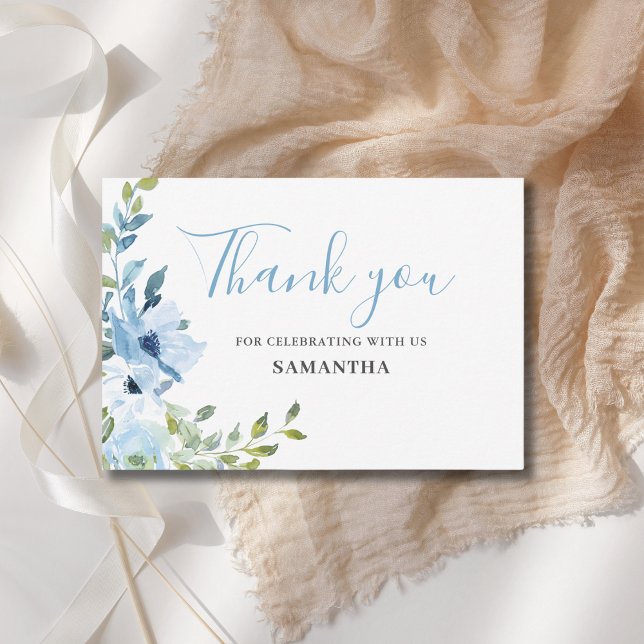 Blue Floral Baby Shower Flat Thank You Card (Creator Uploaded)