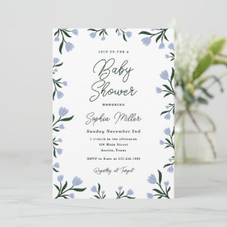 Blue Floral Baby Shower Invitation