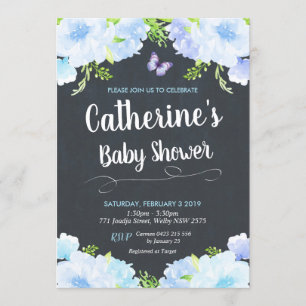 Blue Floral Baby Shower Invitations Boy