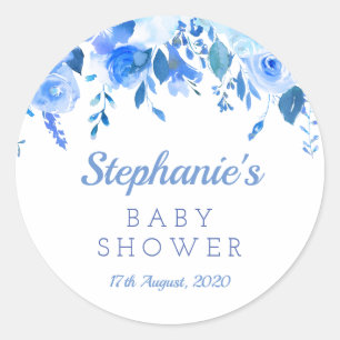Blue floral baby shower sticker, Blue christening Classic Round Sticker