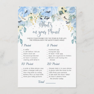 Blue Floral Baby Shower What's on Your Phone Game Enclosure Card