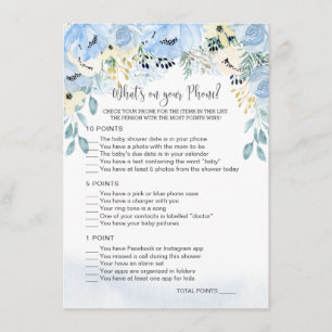Blue Floral Baby Shower What's on Your Phone Game Enclosure Card