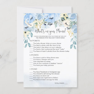 Blue Floral Baby Shower What's on Your Phone Game Invitation