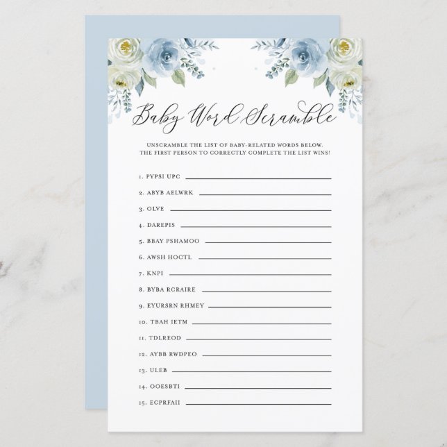 Blue Floral Baby Word Scramble Baby Shower Game (Front/Back)