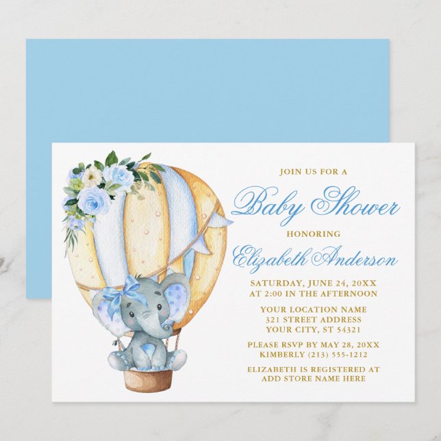 Blue Floral Balloon Elephant Bow Baby Shower Invitation (Front/Back)