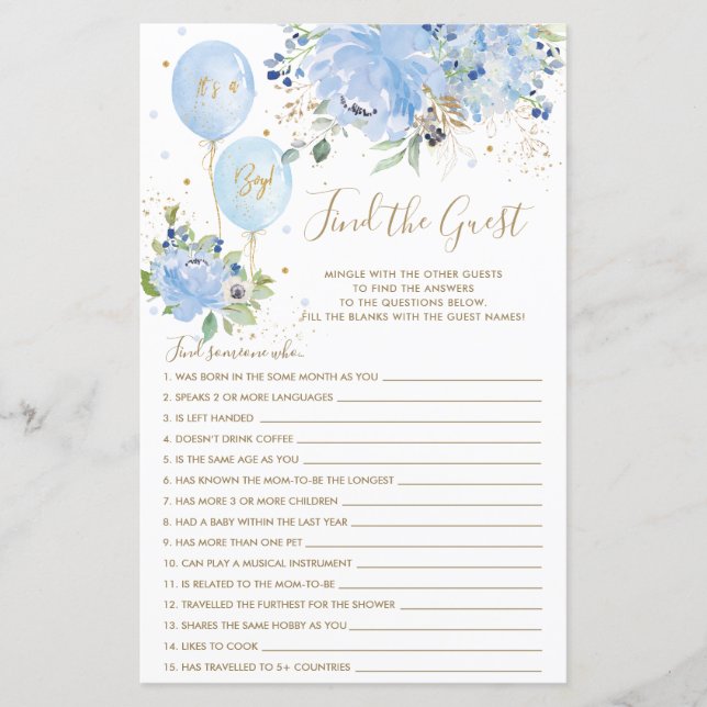 Blue Floral Balloon Find the Guest Icebreaker Game (Front)