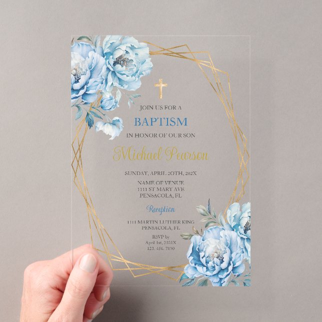 Blue floral baptism acrylic invitations (Insitu (Handheld))