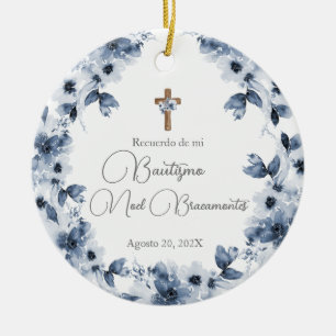 Blue floral baptism ceramic in Spanish Ceramic Ornament