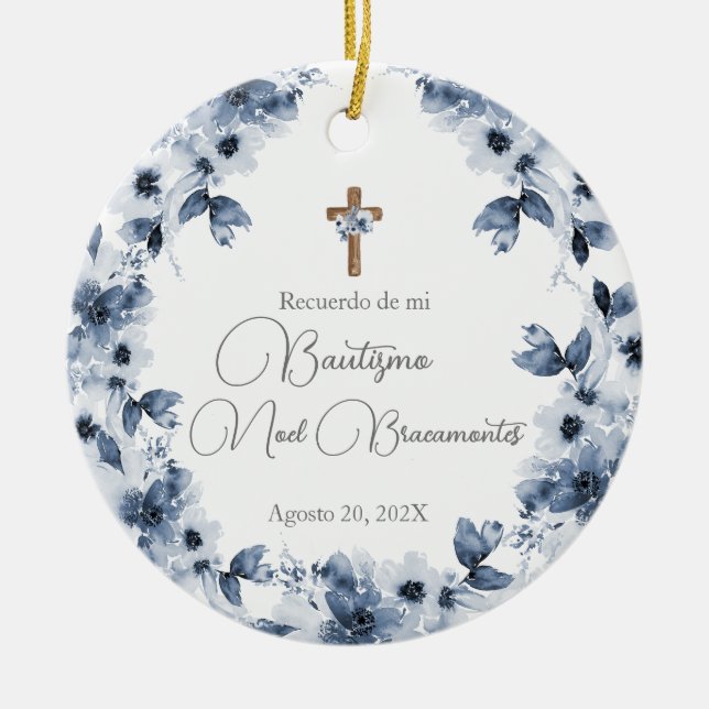 Blue floral baptism ceramic in Spanish Ceramic Ornament (Front)