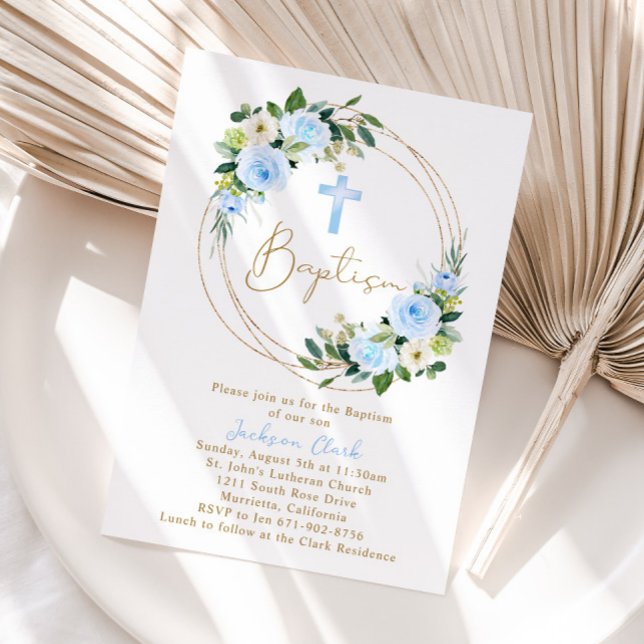 Blue Floral Baptism Christening Gold Frame Invitation (Creator Uploaded)