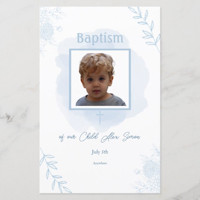 Blue Floral Baptism – Classic and Elegant Menu (Front)