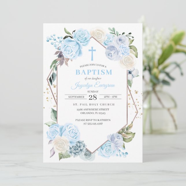 Blue Floral Baptism Invitation (Standing Front)