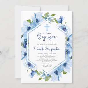 Blue floral baptism invitation