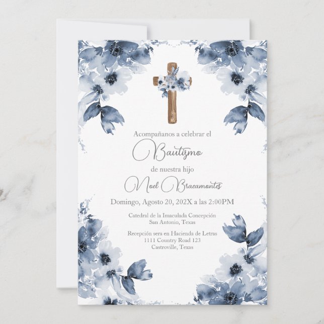 Blue floral baptism invitation in spanish  (Front)