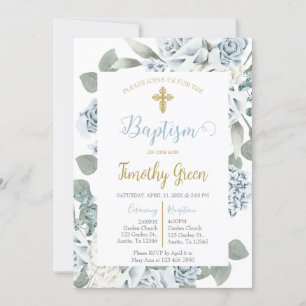 Blue floral Baptism invitation l