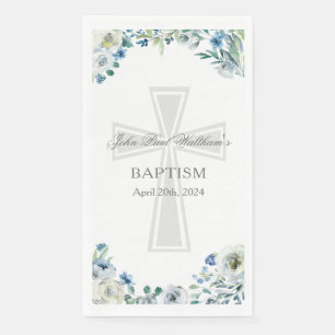 Blue Floral Baptism Party Christian Cross Custom Napkin