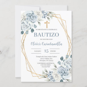 Blue Floral Baptism Spanish Invitation