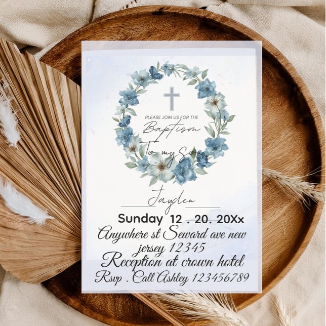 Blue Floral Baptism Vintage Toile, invitation card (Creator Uploaded)