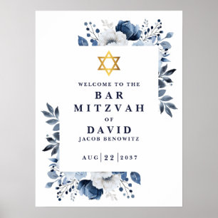 Blue Floral Bar Mitzvah Affiche de bienvenue Bat m
