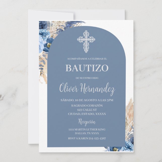 Blue Floral Bautizo Espagnol Invitation (Devant)