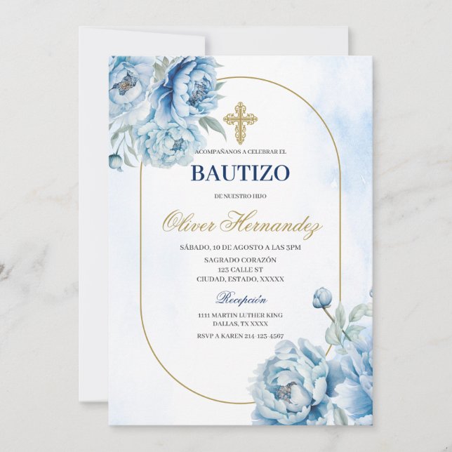 Blue Floral Bautizo Espagnol Invitation (Devant)