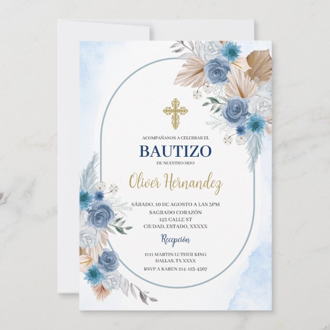 Blue Floral Bautizo Espagnol Invitation (Devant)