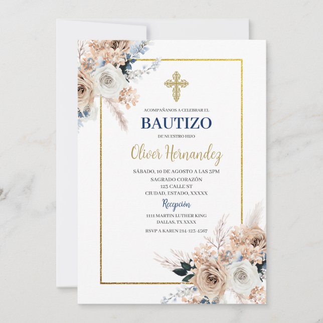 Blue Floral Bautizo Espagnol Invitation (Devant)