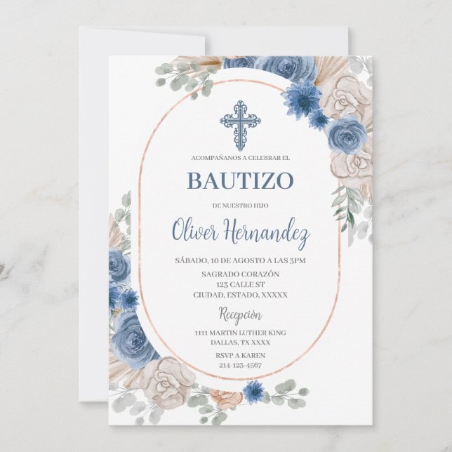 Blue Floral Bautizo Espagnol Invitation (Devant)