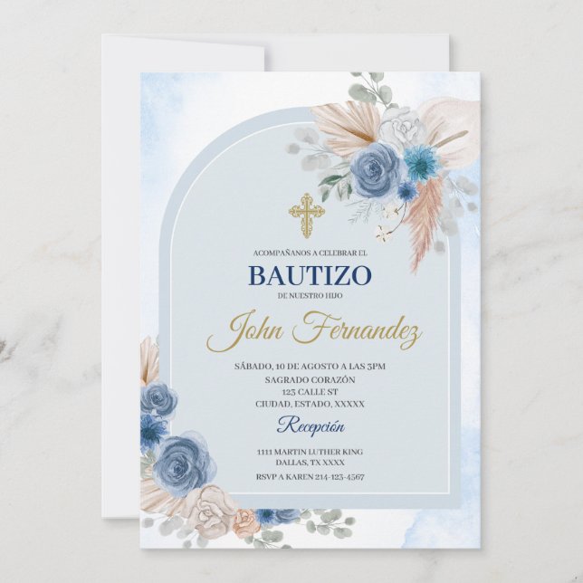 Blue Floral Bautizo Spanish Invitation (Front)