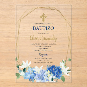 Blue Floral Bautizo Spanish Invitation