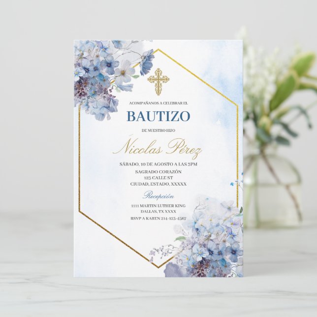 Blue Floral Bautizo Spanish Invitation (Standing Front)