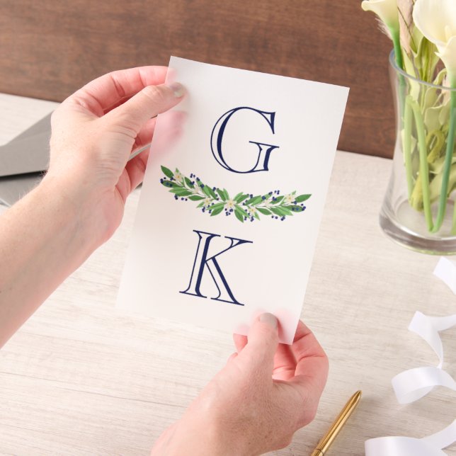 Blue Floral Berry Sprigs Monogram Wedding Overlay Vellum Invitations (Handheld)