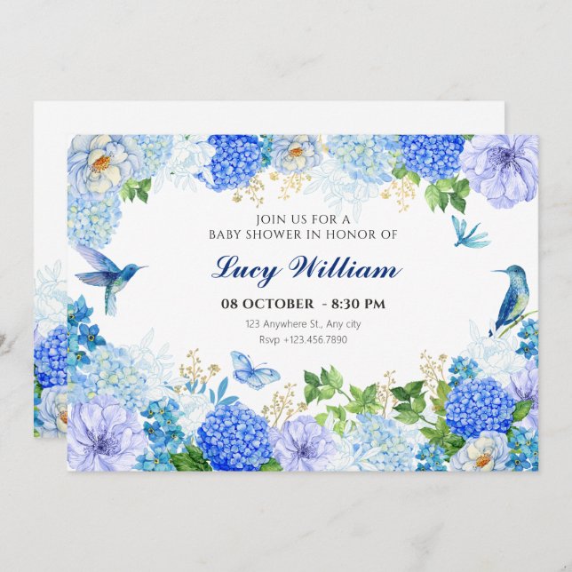 Blue floral bird elegant baby shower invitation (Front/Back)