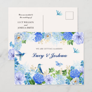 Blue floral bird elegant wedding postcard