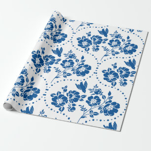 Blue Floral Bird Medallion Wrapping Paper