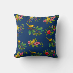 Blue Floral Bird Print Throw Pillow