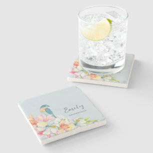 Blue floral bird watercolor oriental bridesmaid stone coaster