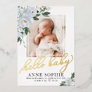 Blue Floral Birth Announcement & Thank You Card