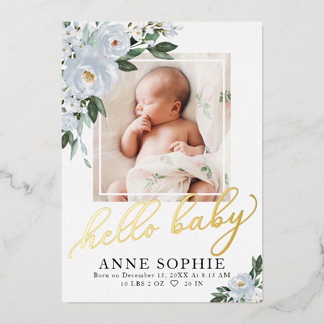 Blue Floral Birth Announcement & Thank You Card (Front)