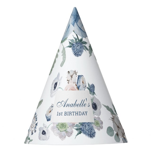 Blue Floral Birthday Party Hat (Front)