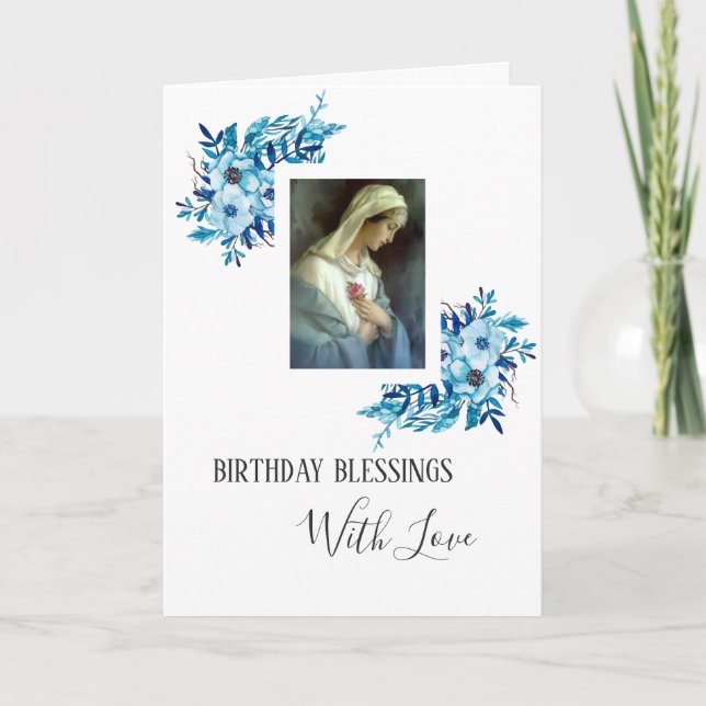 Blue Floral | Birthday | Virgin Mother Mary Card (Front)