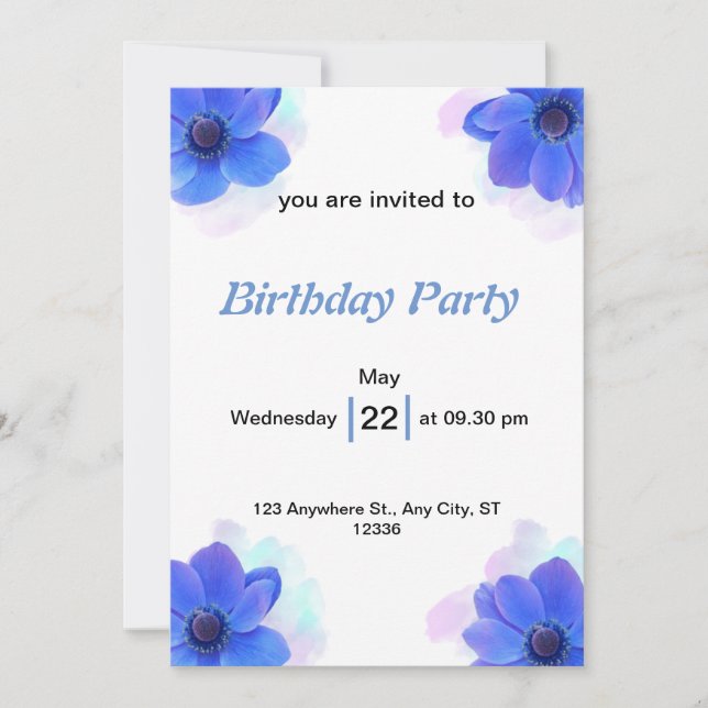 Blue Floral Birthday with Pastel Watercolor Invitation (Front)