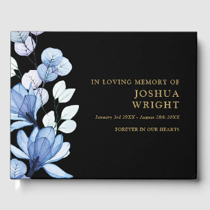 Blue Floral Black And Gold Loving Memory Funeral Guest Book