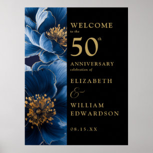 Blue Floral Black Gold 50th Anniversary Sign