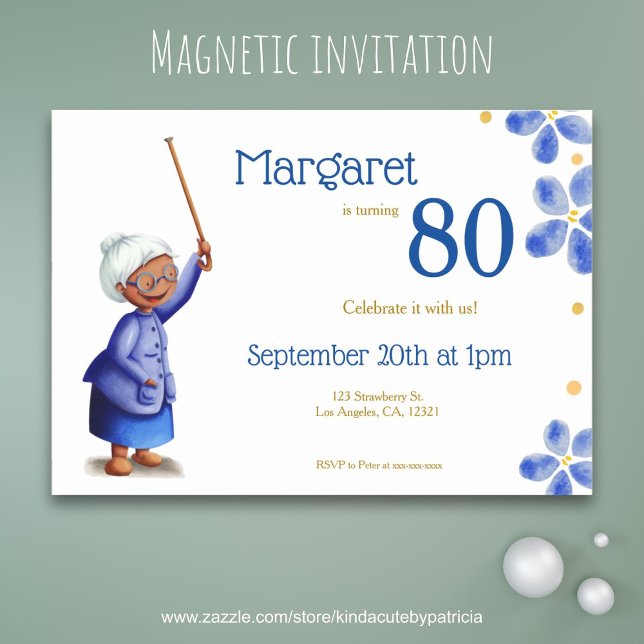 Blue Floral Black Grandmother 80th Birthday Magnetic Invitation (Creator Uploaded)