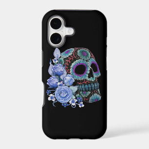 Blue Floral Black Sugar Skull Day Of The Dead