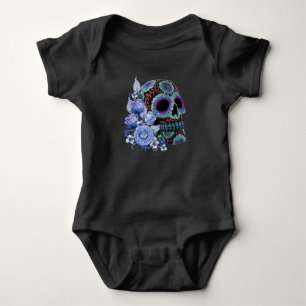 Blue Floral Black Sugar Skull Day Of The Dead Baby Bodysuit