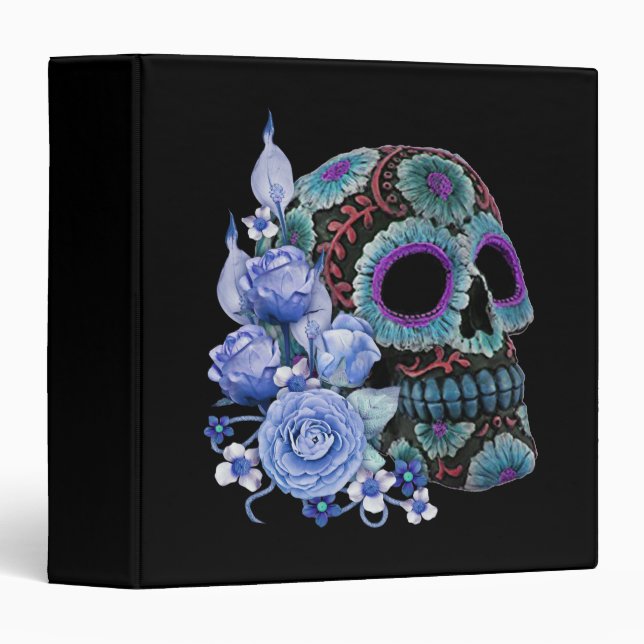 Blue Floral Black Sugar Skull Day Of The Dead Binder (Front/Spine)