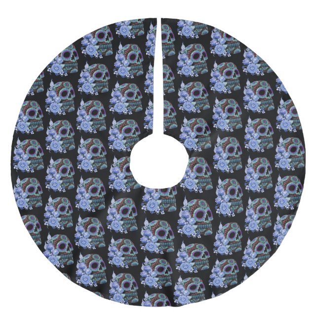 Blue Floral Black Sugar Skull Day Of The Dead Brushed Polyester Tree Skirt (Front)
