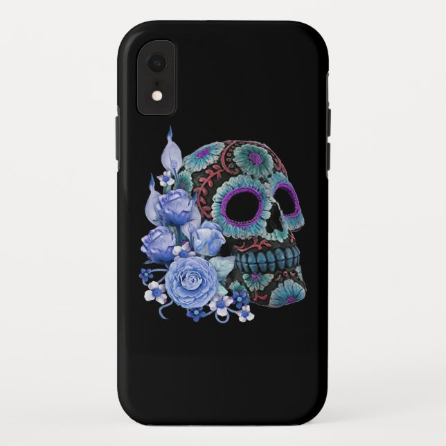 Blue Floral Black Sugar Skull Day Of The Dead Case-Mate iPhone Case (Back)